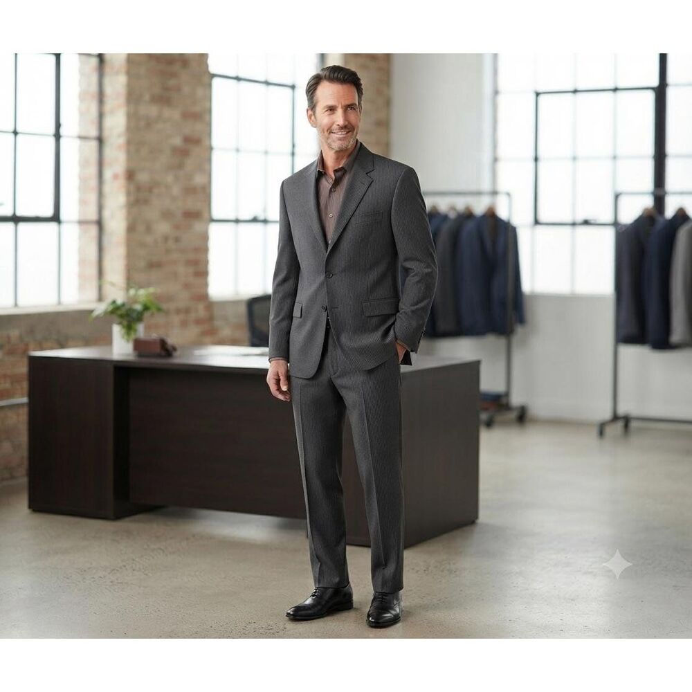 Ryan Seacrest Distinction Mens Suit Set 42L Jacket 36x30 Pants Gray Pinstripe E
